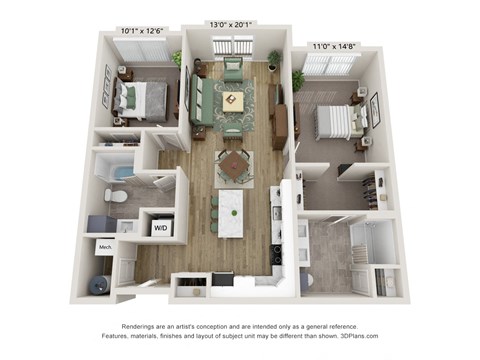 Floor plan for 2 beds, 2 baths, 1122 sqft